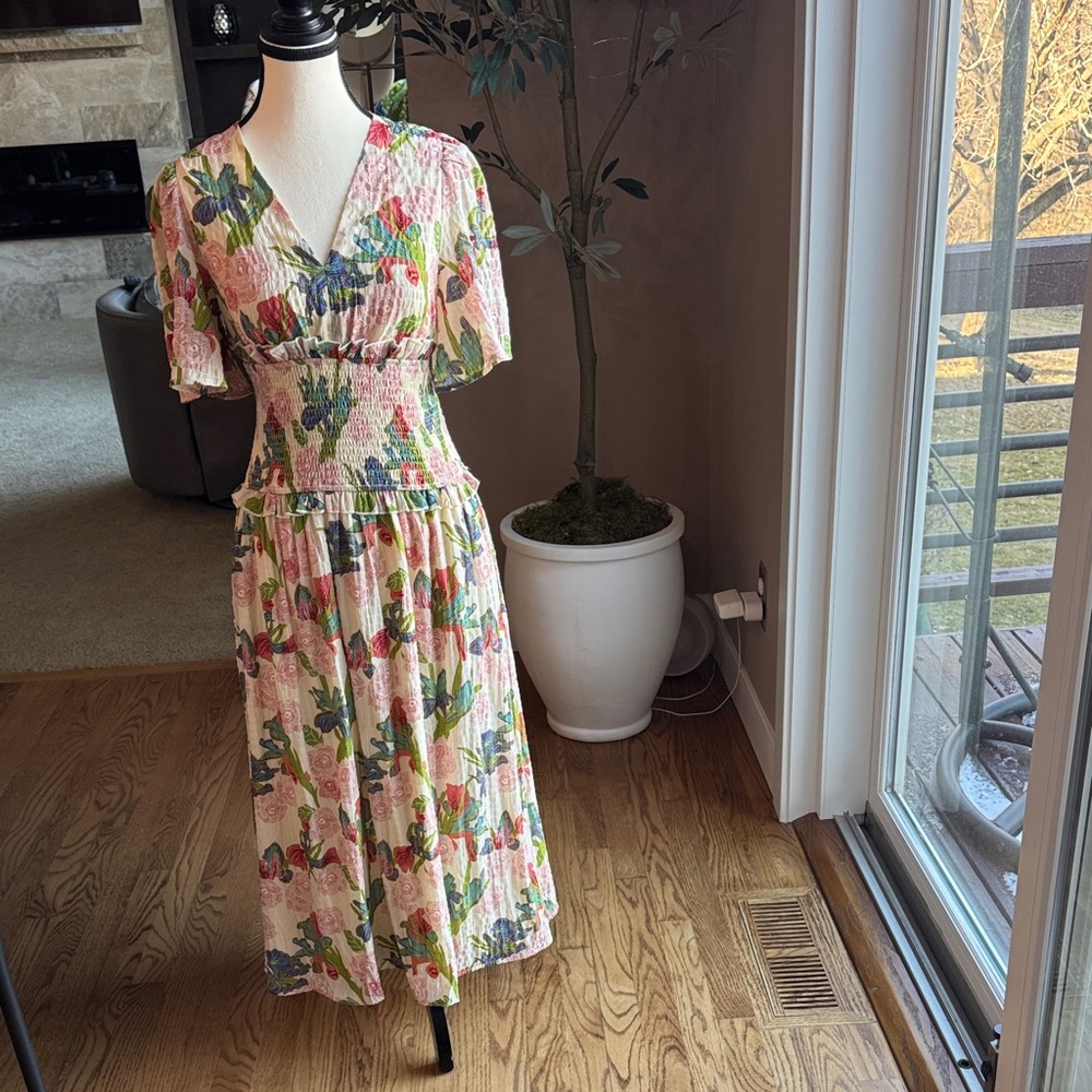 Cream Floral Smocked V-Neck Midi Dress